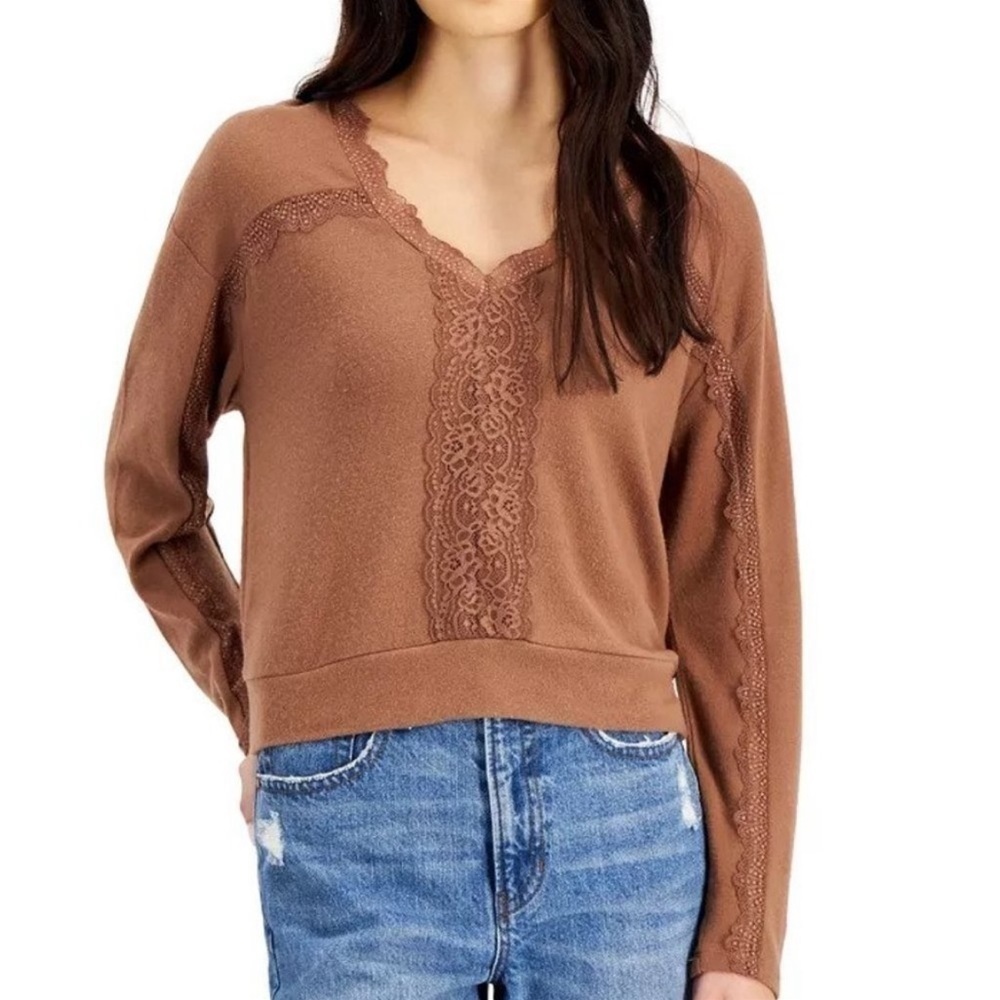 SELF ESTEEM Juniors' Lace-Trim V-Neck Top, shirt long sleeve Large